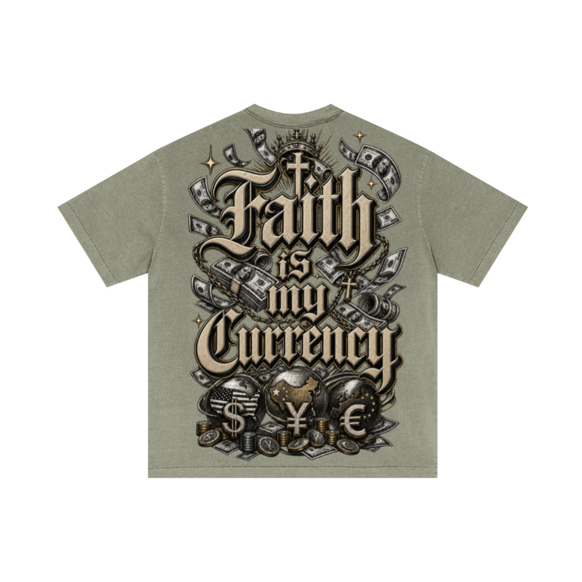 275GSM Unisex Double-Yarn 100% Cotton Plain-Wash T-shirt Greyish Green 