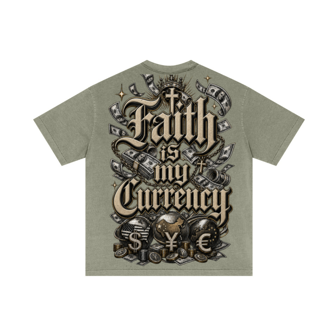 275GSM Unisex Double-Yarn 100% Cotton Plain-Wash T-shirt Greyish Green 