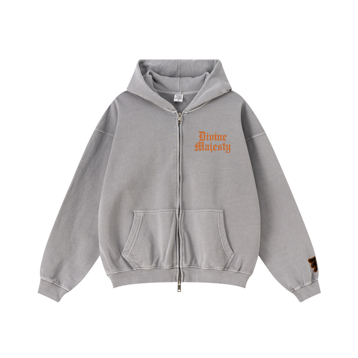 370GSM Unisex Pigment-Wash Zip-Up Hoodie Medium Grey