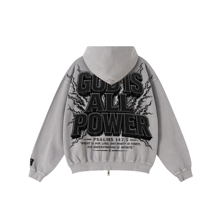 370GSM Unisex Pigment-Wash Zip-Up Hoodie Medium Grey