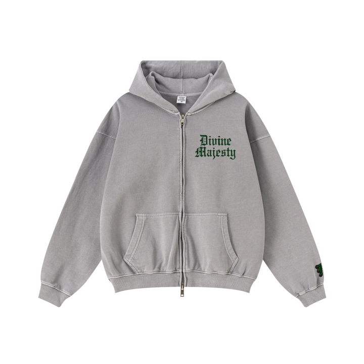 370GSM Unisex Pigment-Wash Zip-Up Hoodie Medium Grey