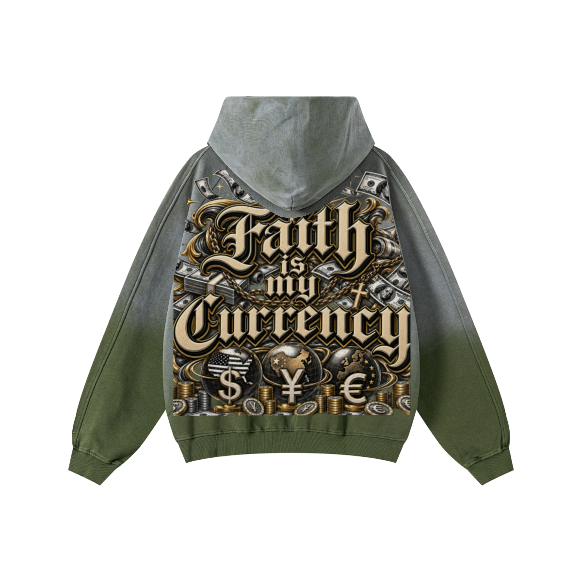 370GSM Unisex Monkey Wash Raw-Edge PP-Sprayed French Terry Hoodie Vintage Military Green