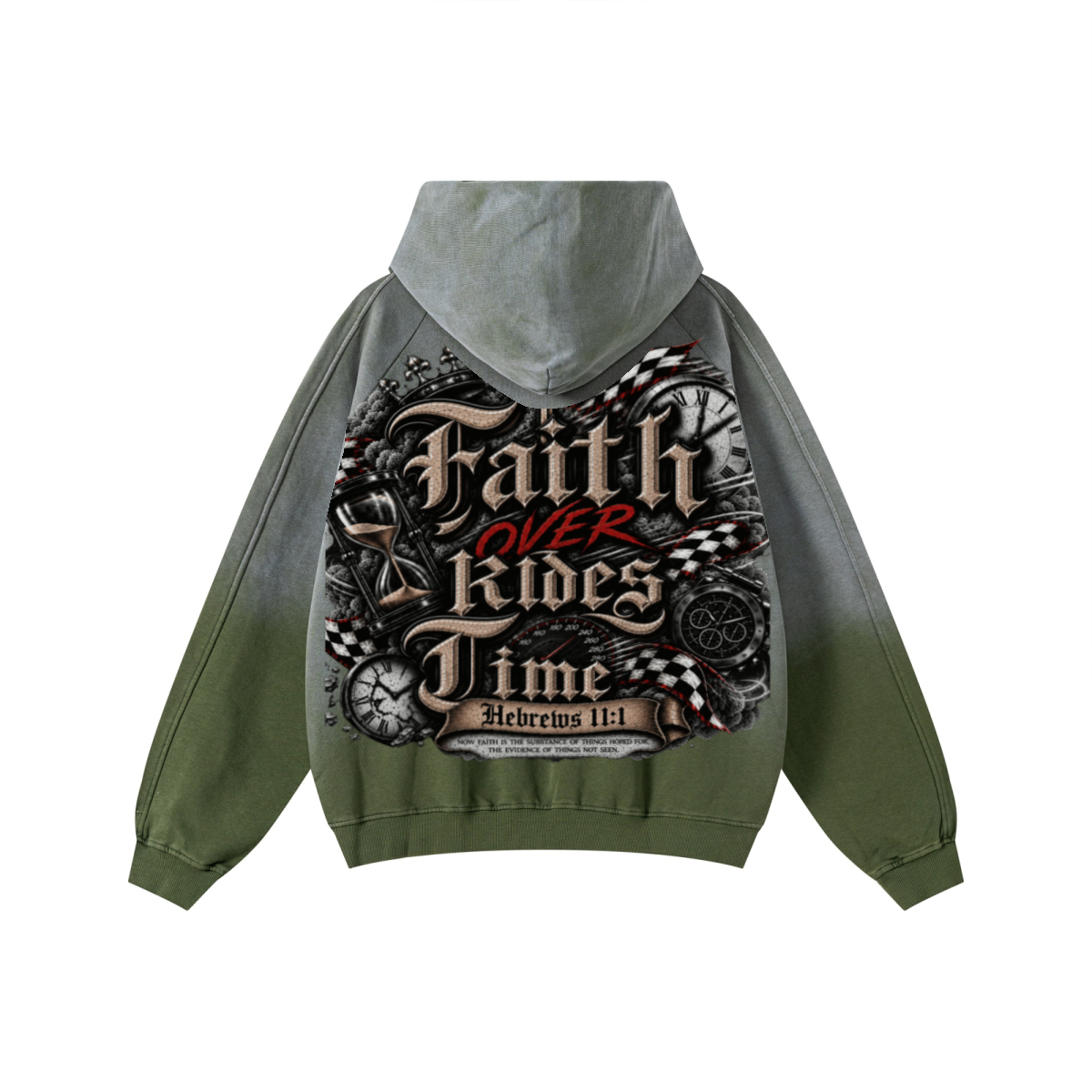 370GSM Unisex Monkey Wash Raw-Edge PP-Sprayed French Terry Hoodie Vintage Military Green