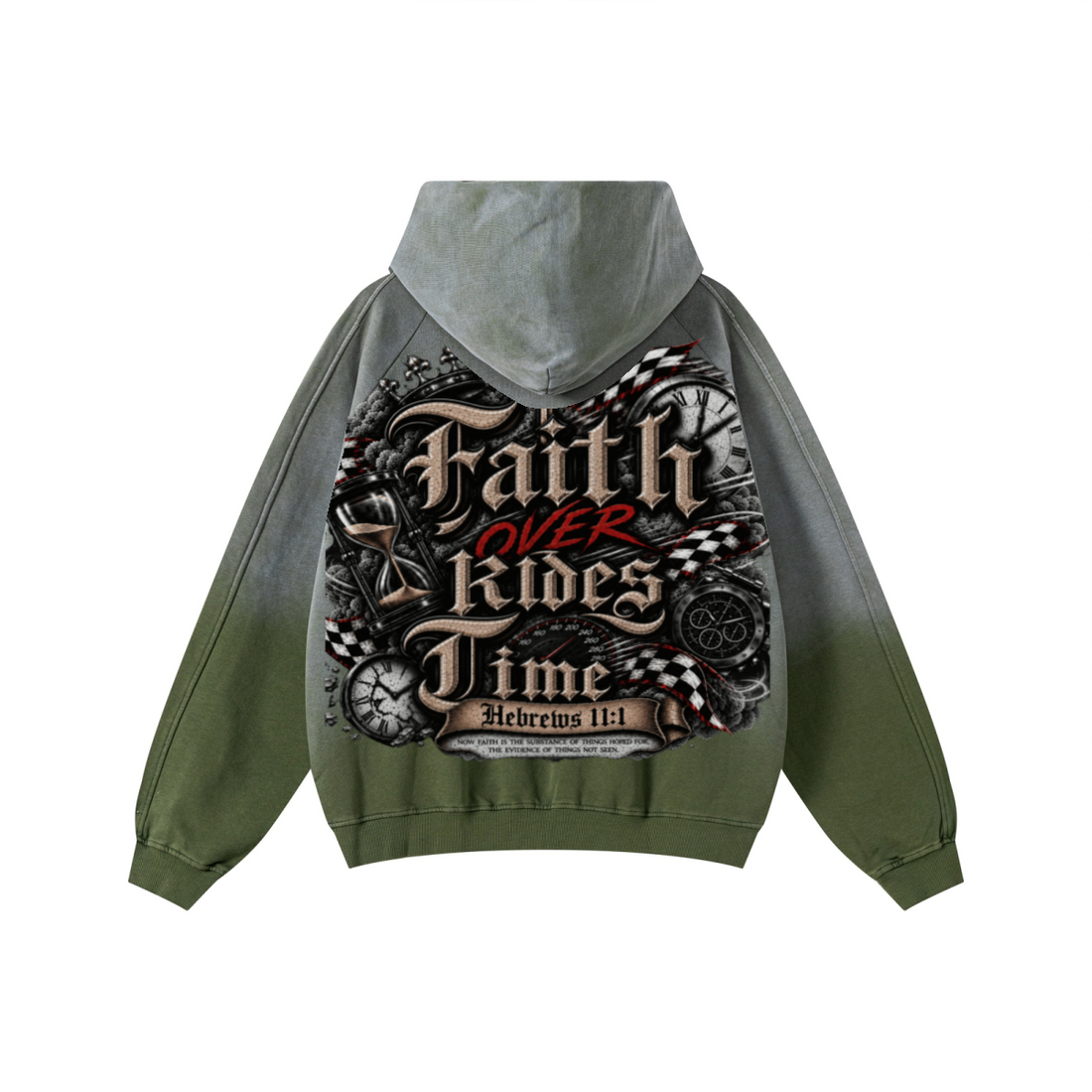 370GSM Unisex Monkey Wash Raw-Edge PP-Sprayed French Terry Hoodie Vintage Military Green