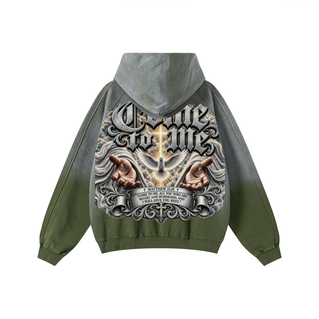 370GSM Unisex Monkey Wash Raw-Edge PP-Sprayed French Terry Hoodie Vintage Military Green