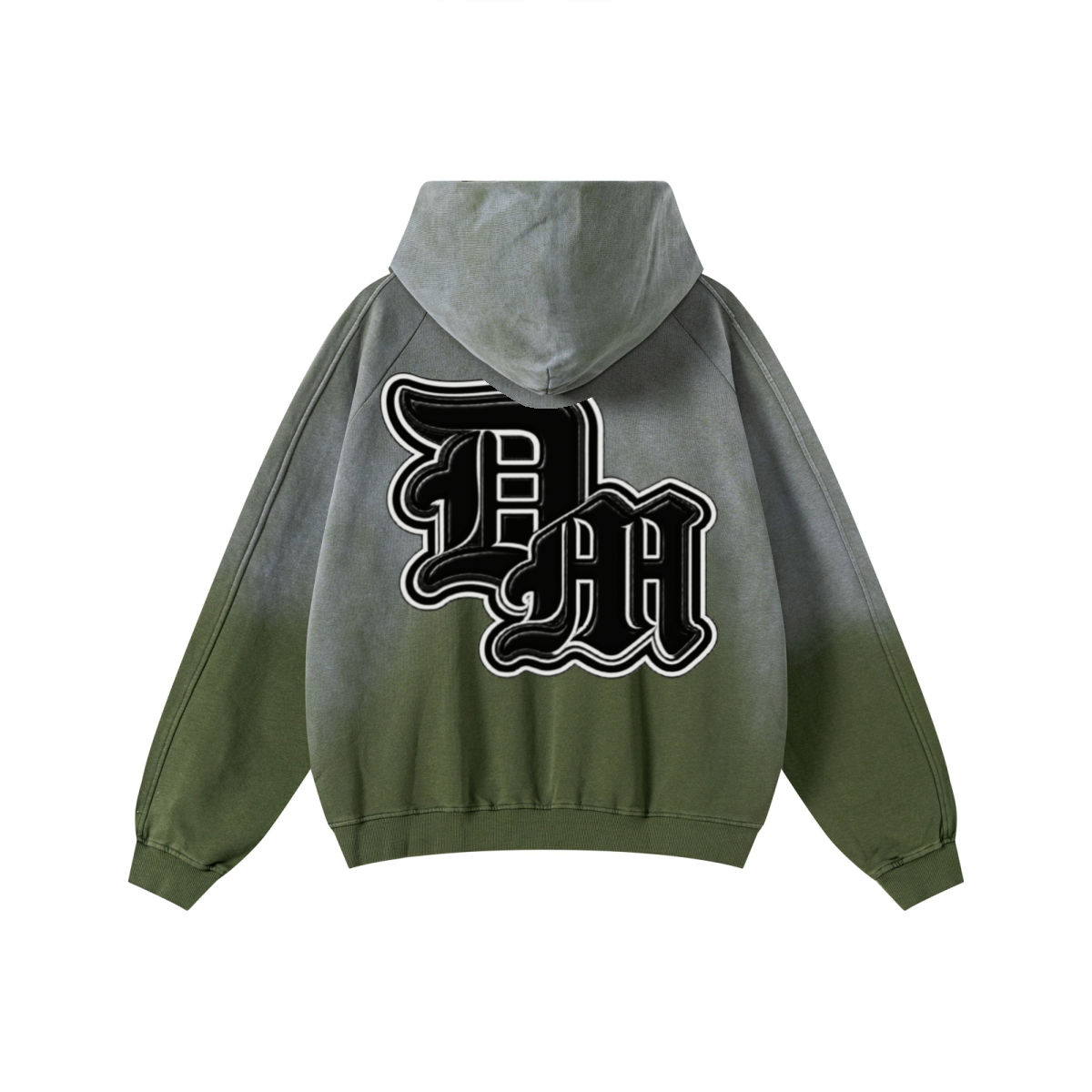 370GSM Unisex Monkey Wash Raw-Edge PP-Sprayed French Terry Hoodie Vintage Military Green