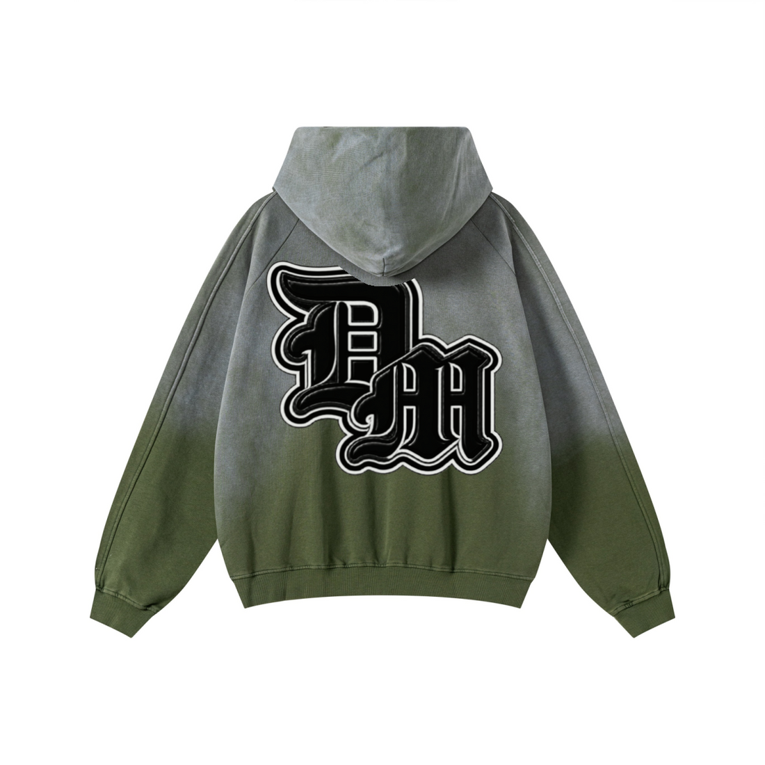 370GSM Unisex Monkey Wash Raw-Edge PP-Sprayed French Terry Hoodie Vintage Military Green
