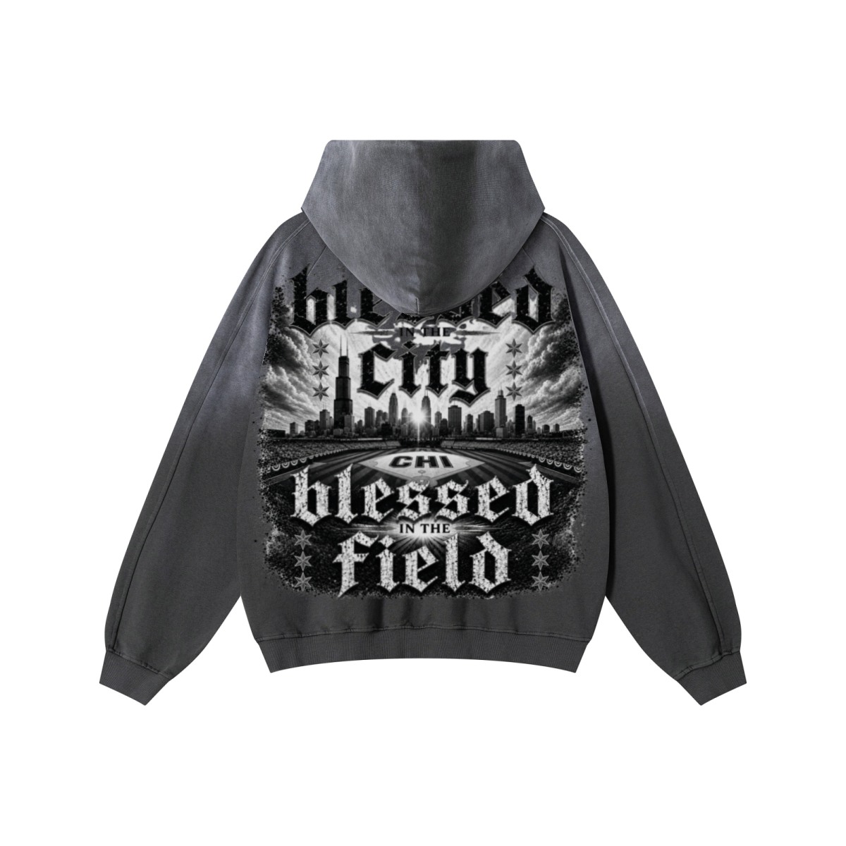 370GSM Unisex Monkey Wash Raw-Edge PP-Sprayed French Terry Hoodie Vintage Dark Grey