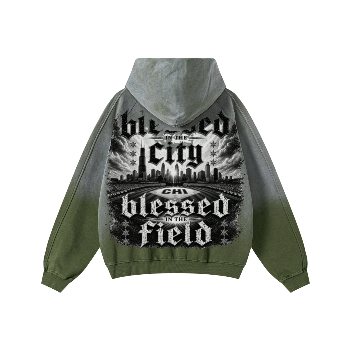 370GSM Unisex Monkey Wash Raw-Edge PP-Sprayed French Terry Hoodie Vintage Military Green