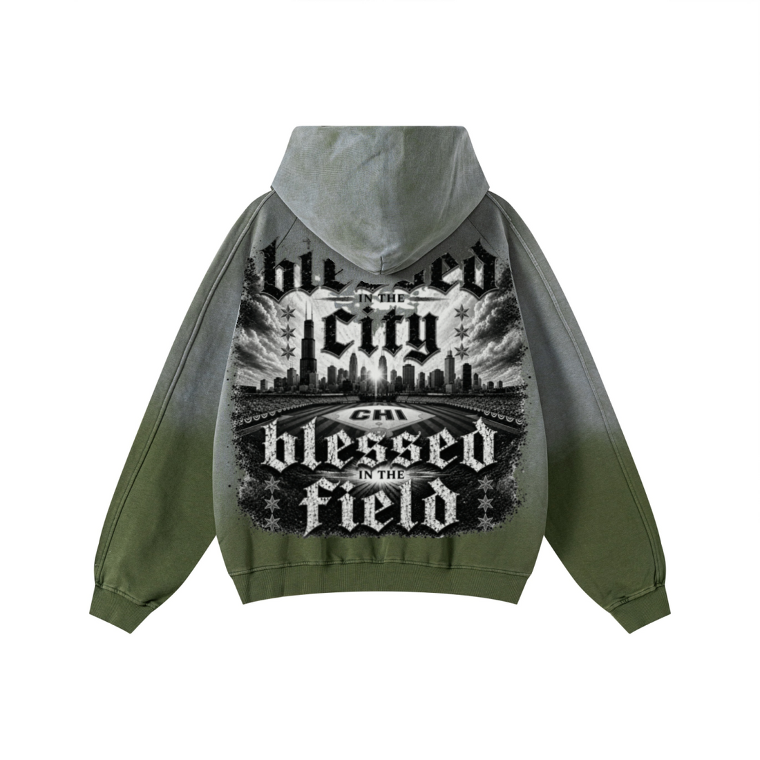 370GSM Unisex Monkey Wash Raw-Edge PP-Sprayed French Terry Hoodie Vintage Military Green