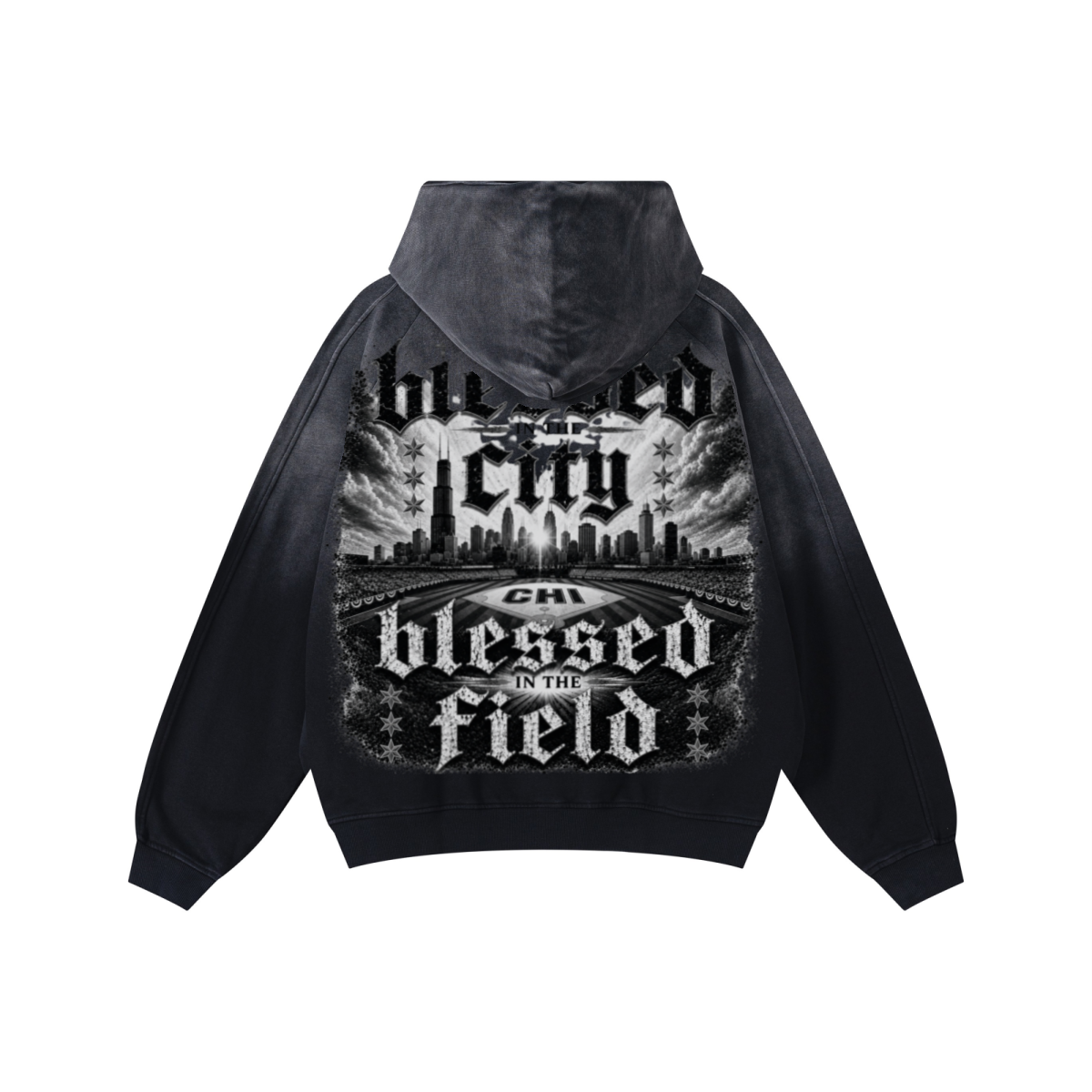 370GSM Unisex Monkey Wash Raw-Edge PP-Sprayed French Terry Hoodie Vintage Black