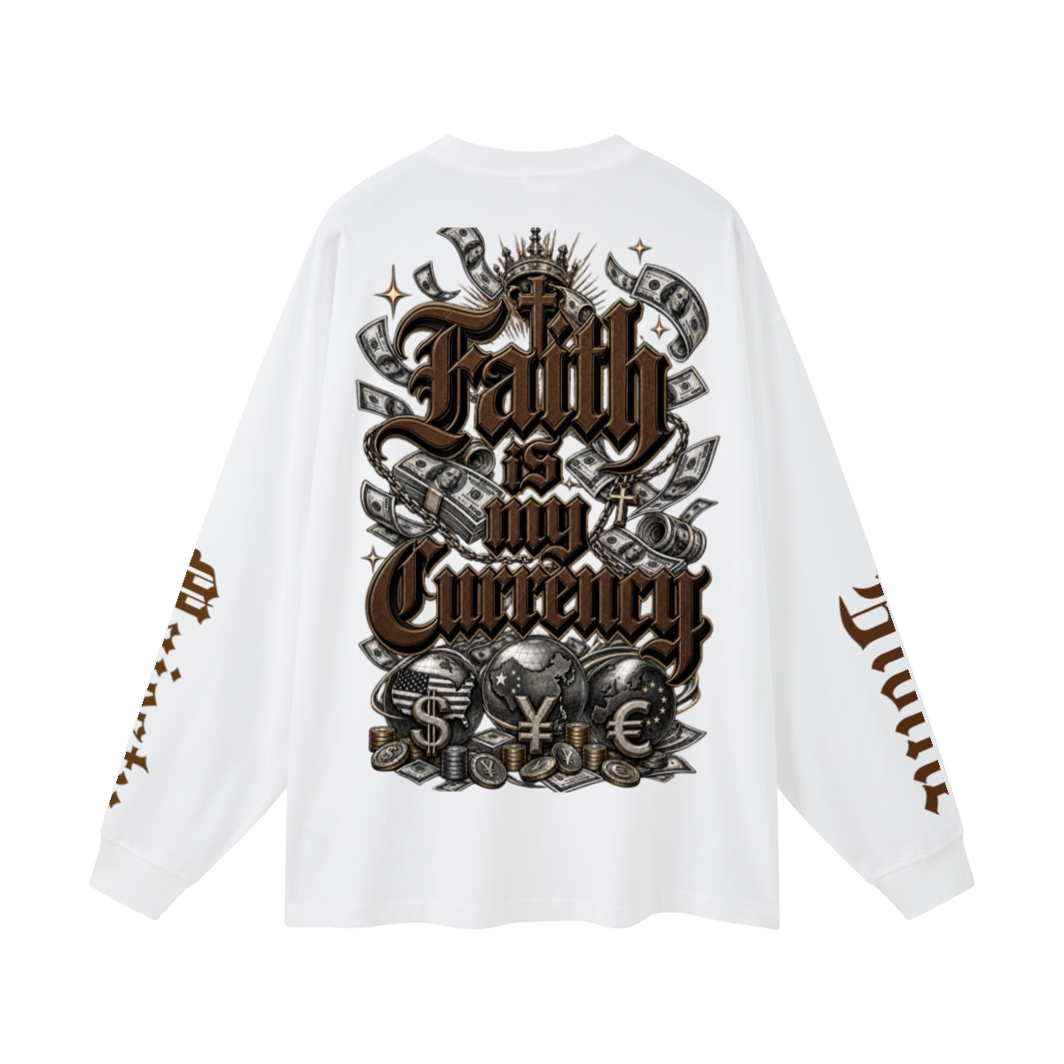 305GSM Unisex Premium Heavyweight Double-Yarn Plain Fabric Earth-Tone Basic Layering Long sleeve White