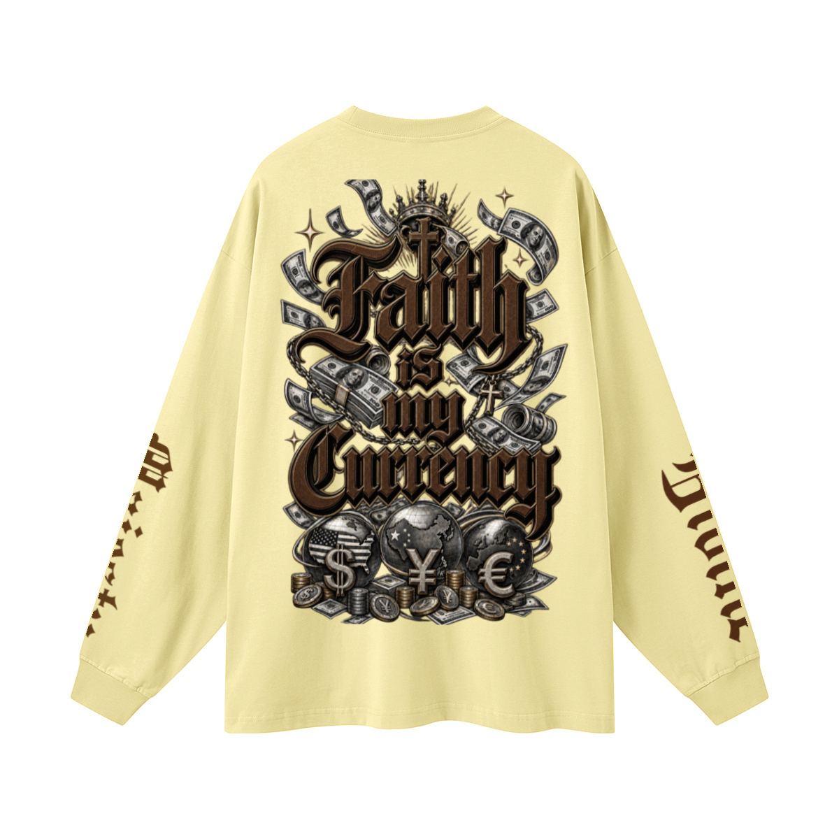 305GSM Unisex Premium Heavyweight Double-Yarn Plain Fabric Earth-Tone Basic Layering Long sleeve Yellow