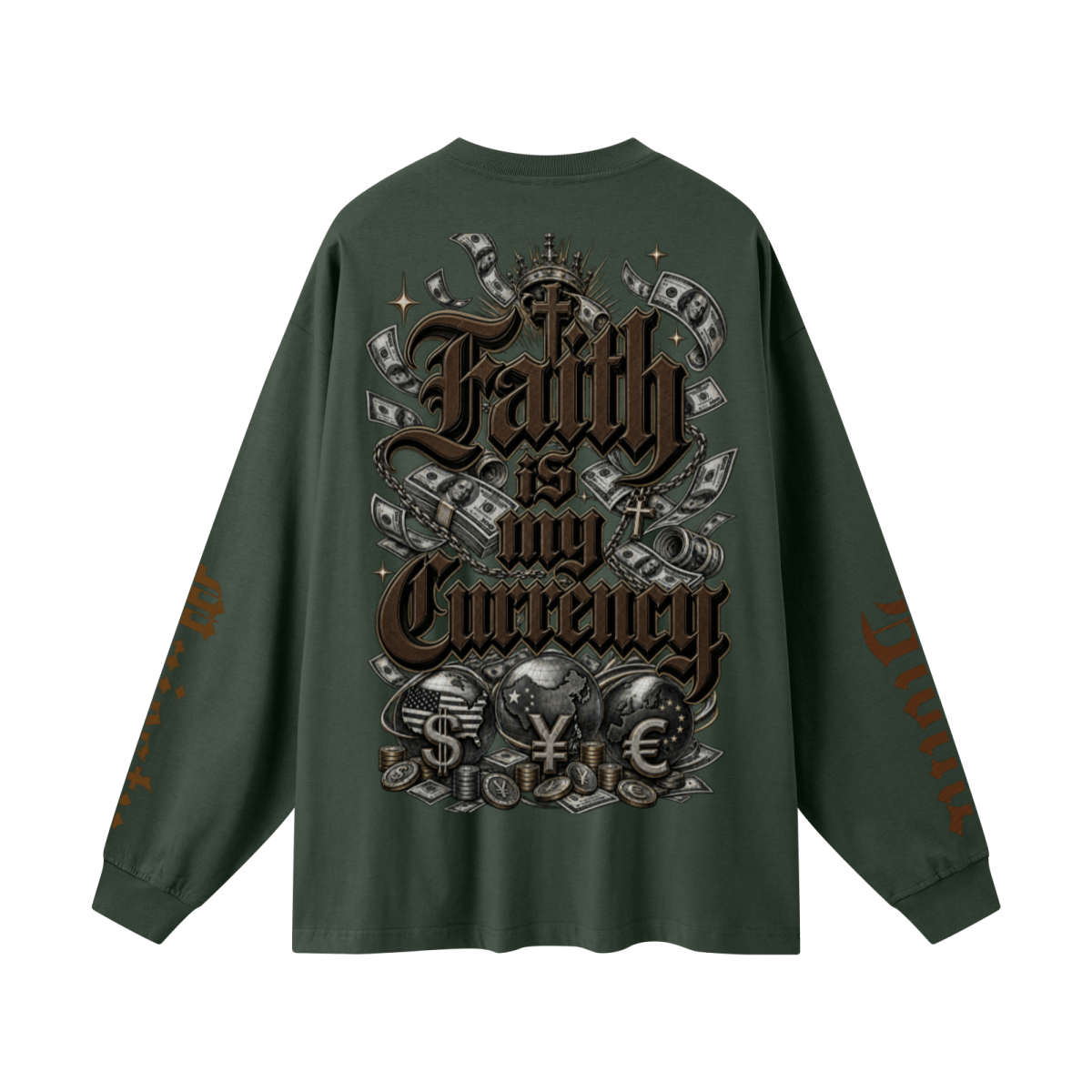 305GSM Unisex Premium Heavyweight Double-Yarn Plain Fabric Earth-Tone Basic Layering Long sleeve Dark Green
