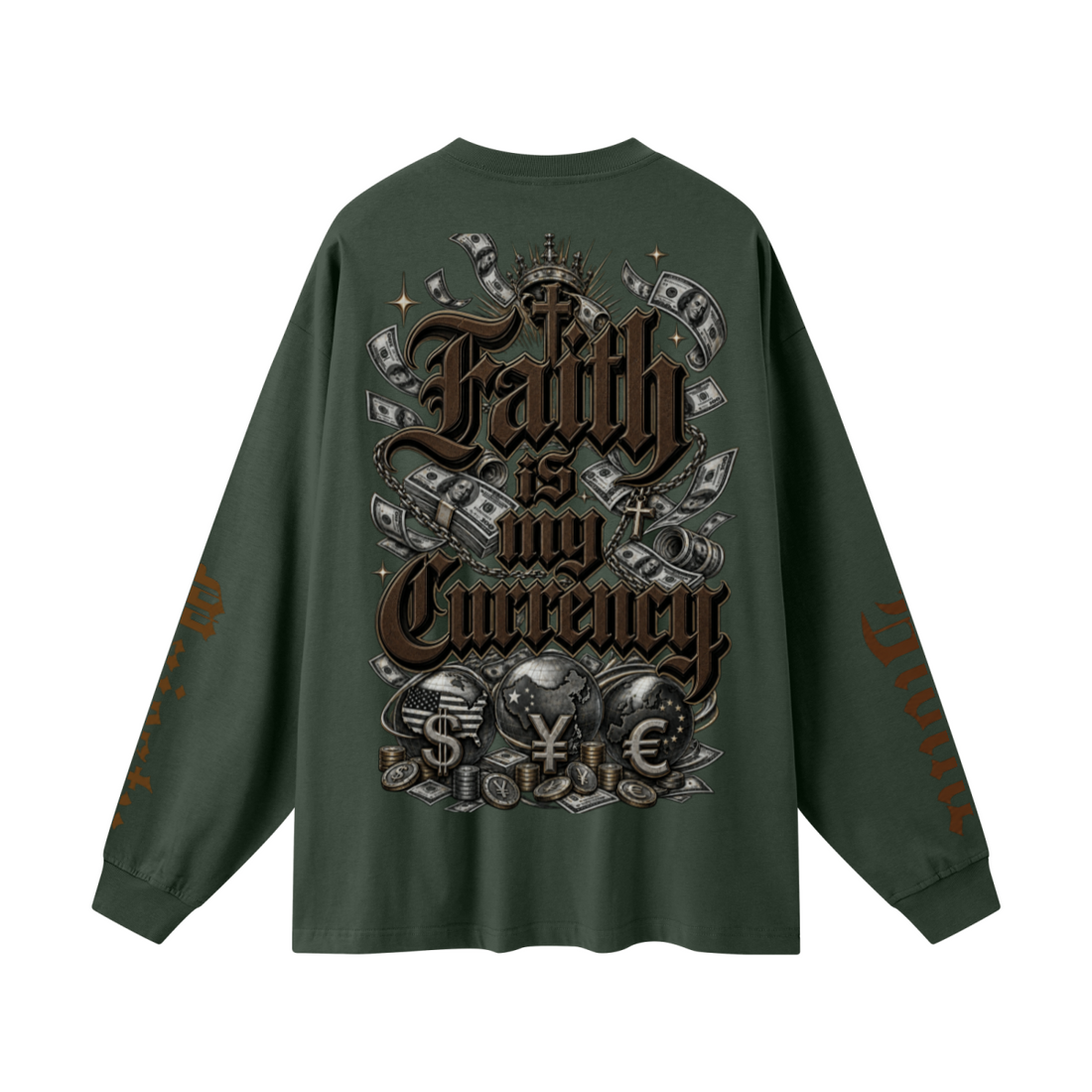 305GSM Unisex Premium Heavyweight Double-Yarn Plain Fabric Earth-Tone Basic Layering Long sleeve Dark Green