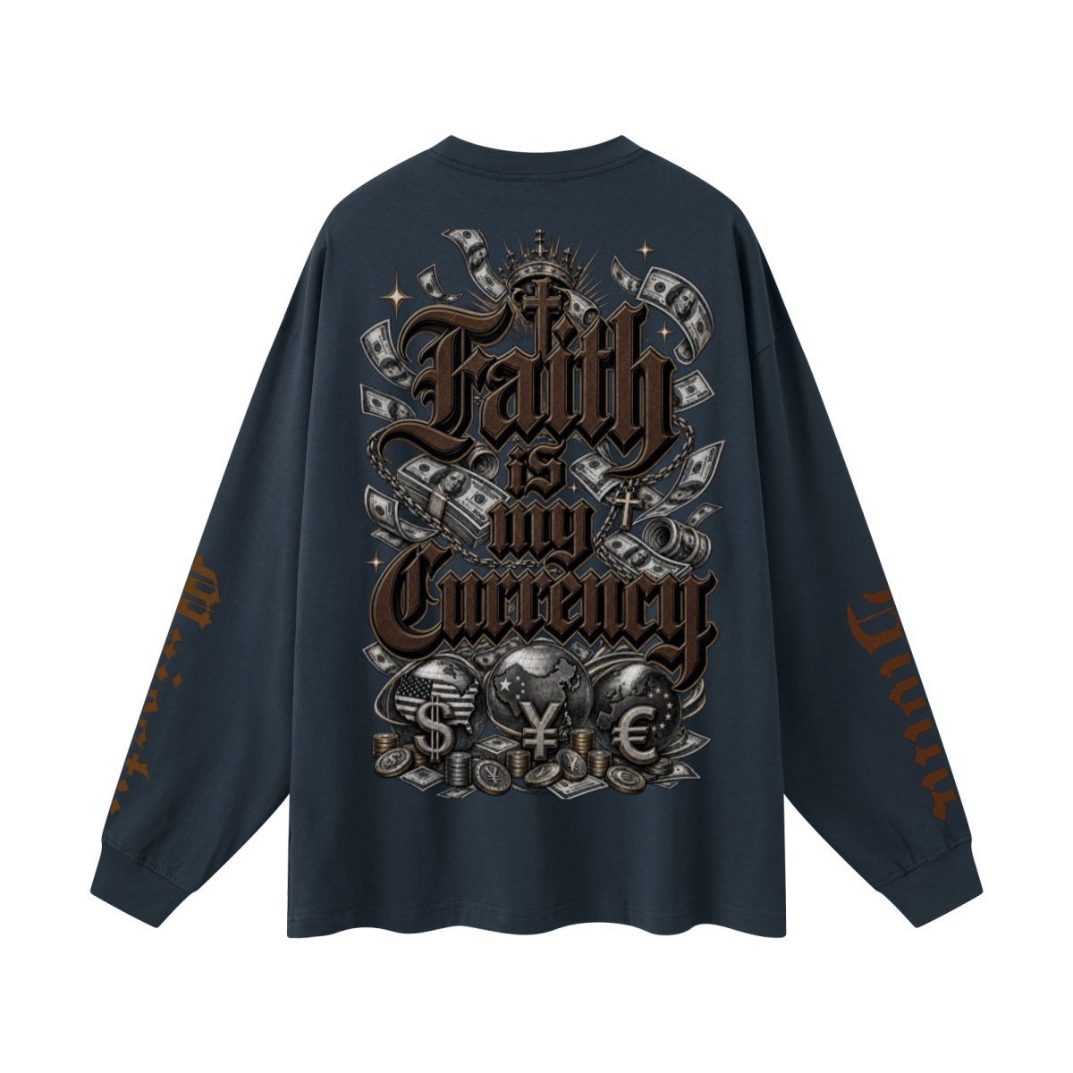 305GSM Unisex Premium Heavyweight Double-Yarn Plain Fabric Earth-Tone Basic Layering Long sleeve Navy Blue