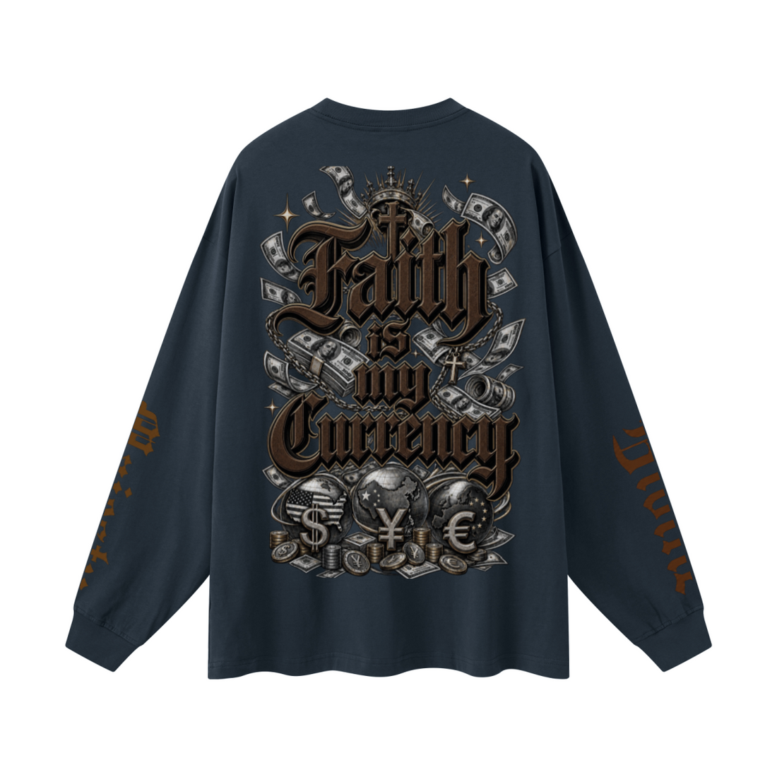 305GSM Unisex Premium Heavyweight Double-Yarn Plain Fabric Earth-Tone Basic Layering Long sleeve Navy Blue