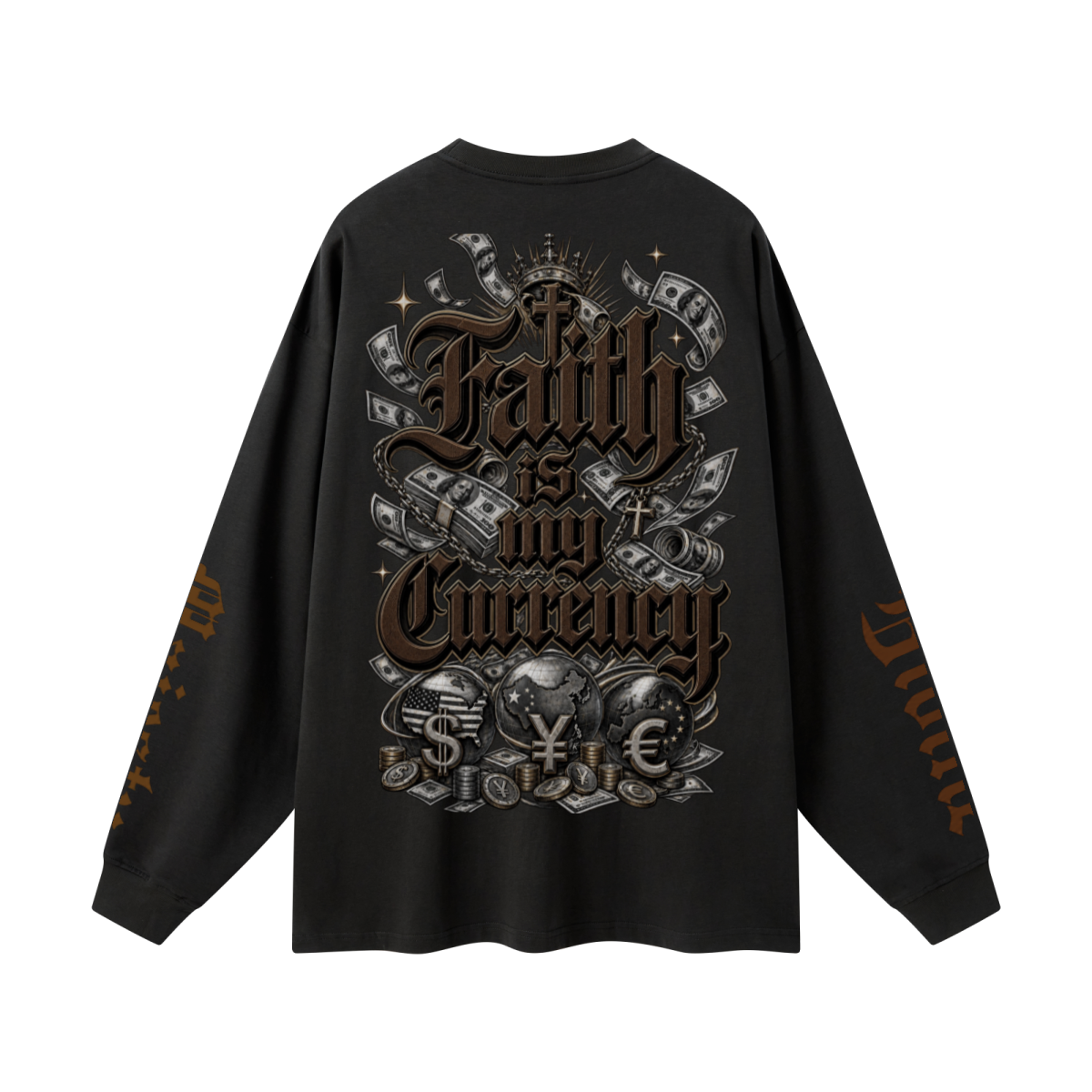 305GSM Unisex Premium Heavyweight Double-Yarn Plain Fabric Earth-Tone Basic Layering Long sleeve Black