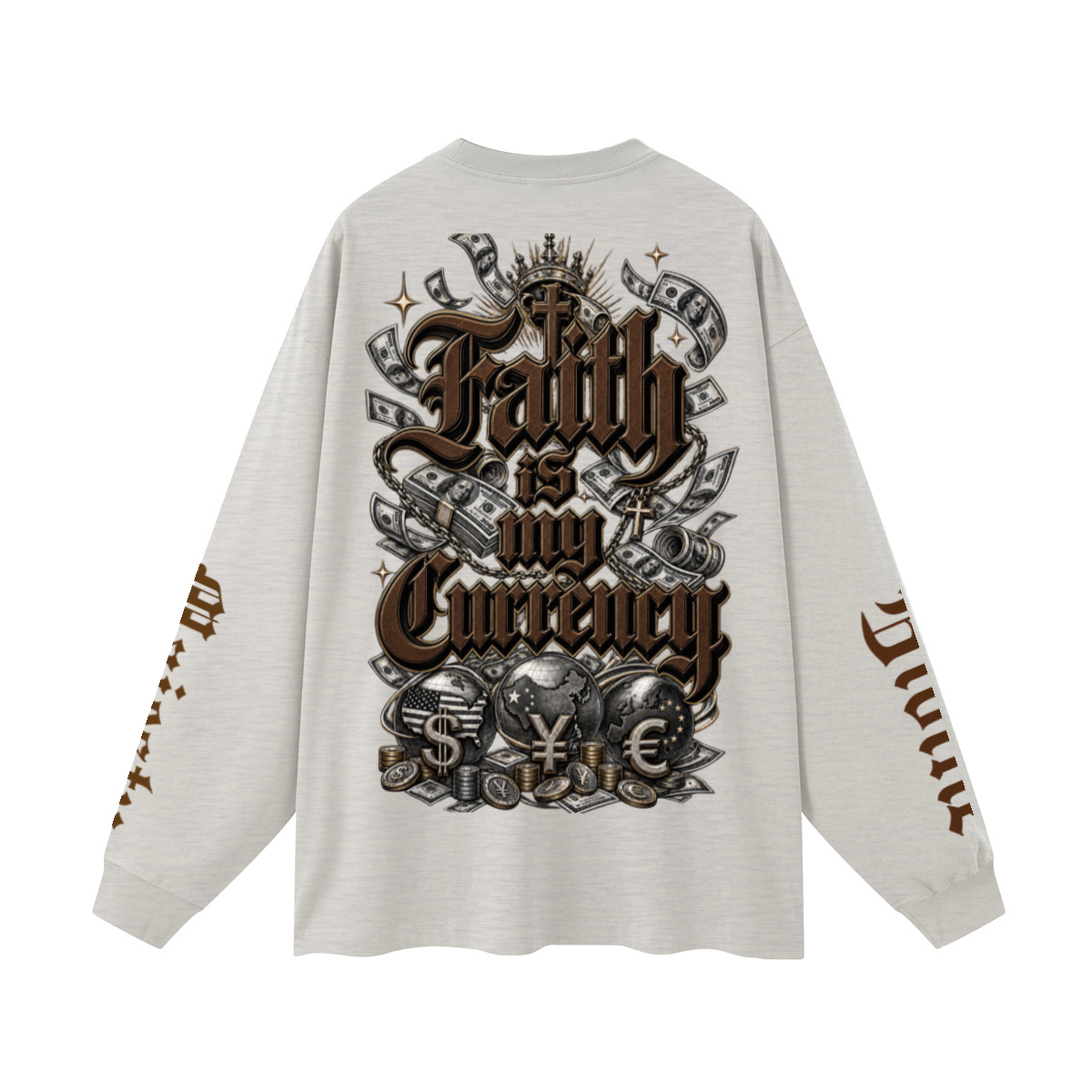 305GSM Unisex Premium Heavyweight Double-Yarn Plain Fabric Earth-Tone Basic Layering Long sleeve Oatmeal Grey