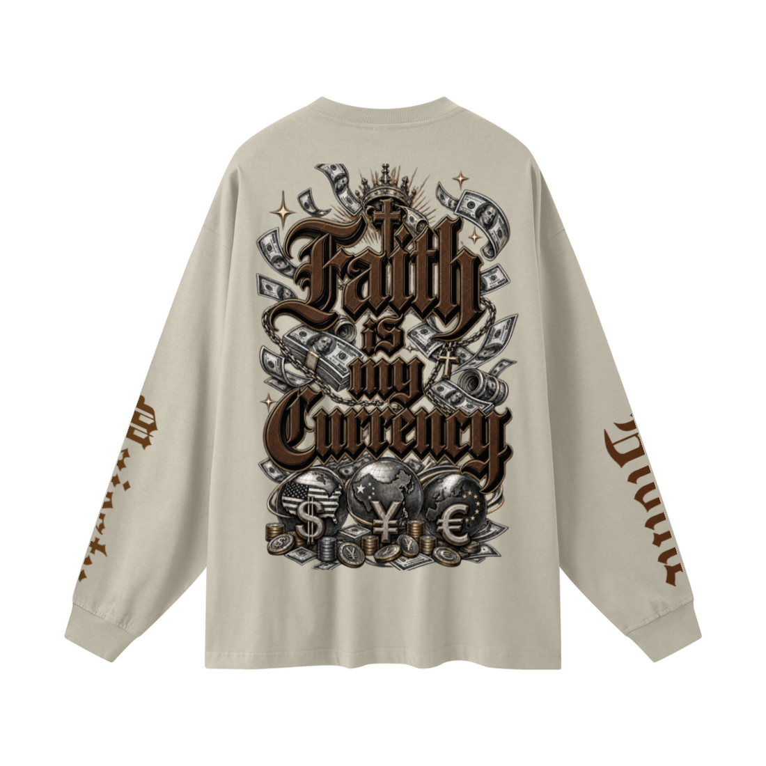 305GSM Unisex Premium Heavyweight Double-Yarn Plain Fabric Earth-Tone Basic Layering Long sleeve Sand