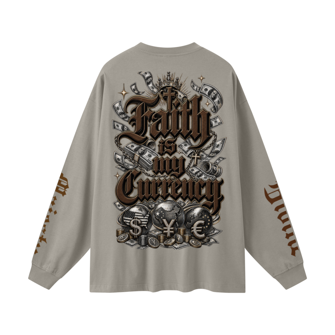 305GSM Unisex Premium Heavyweight Double-Yarn Plain Fabric Earth-Tone Basic Layering Long sleeve Grey Camel