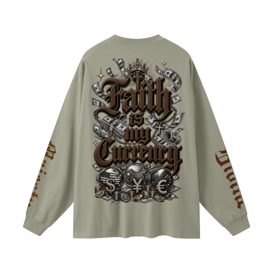 305GSM Unisex Premium Heavyweight Double-Yarn Plain Fabric Earth-Tone Basic Layering Long sleeve Grey Green
