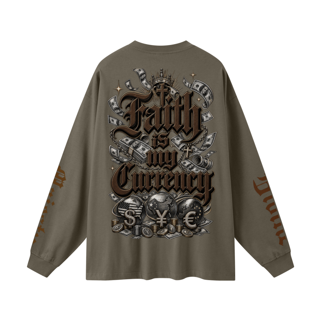 305GSM Unisex Premium Heavyweight Double-Yarn Plain Fabric Earth-Tone Basic Layering Long sleeve Brown