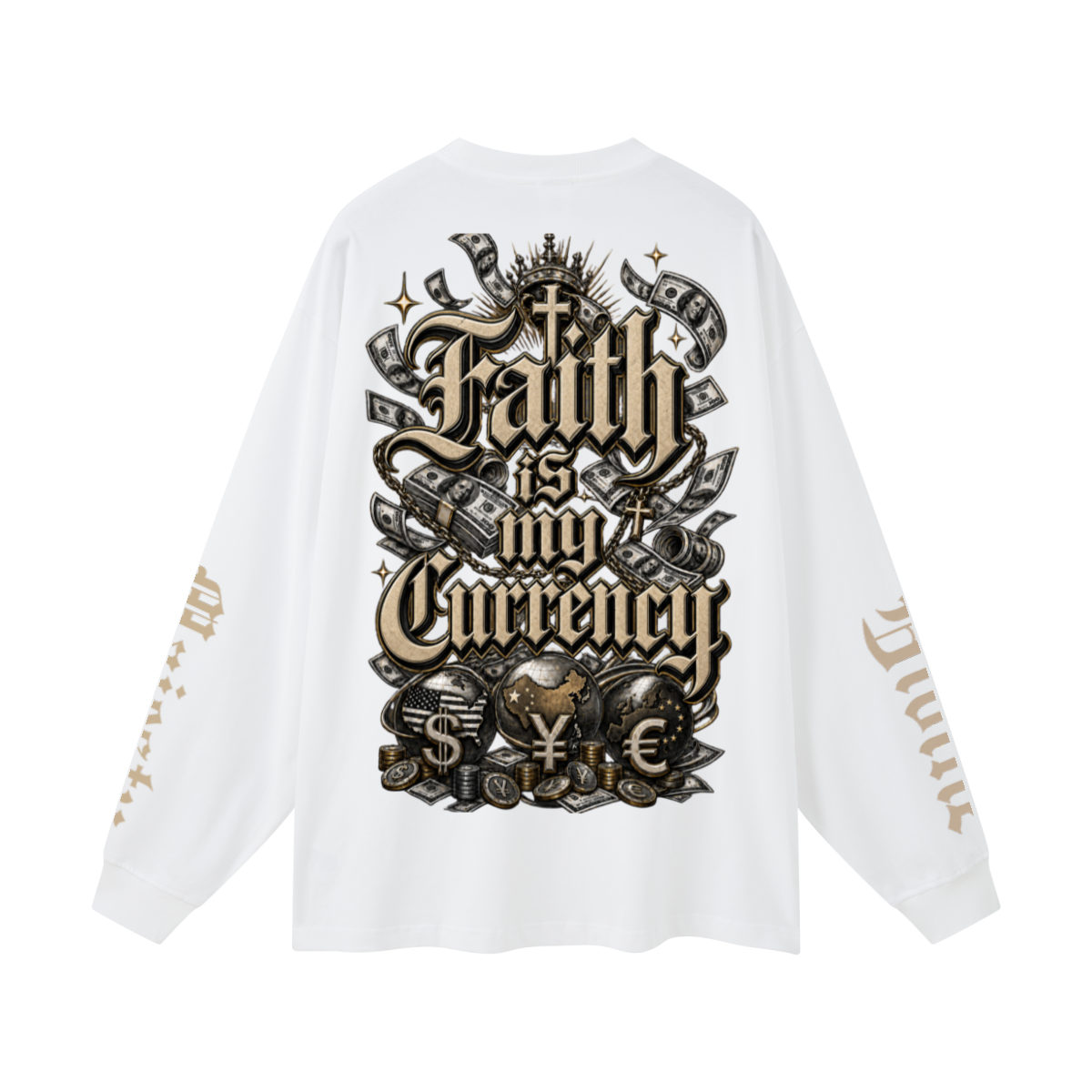 305GSM Unisex Premium Heavyweight Double-Yarn Plain Fabric Earth-Tone Basic Layering Long sleeve White