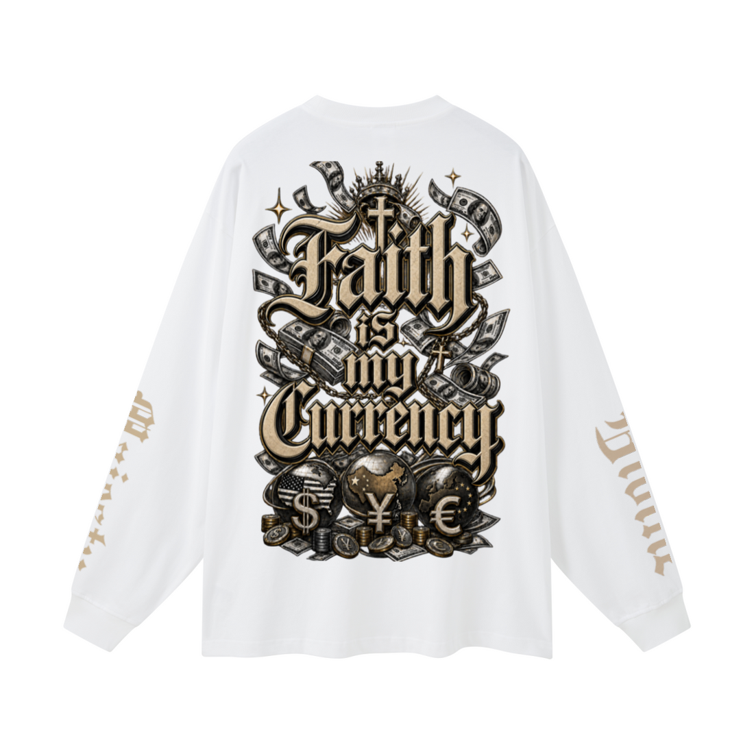 305GSM Unisex Premium Heavyweight Double-Yarn Plain Fabric Earth-Tone Basic Layering Long sleeve White