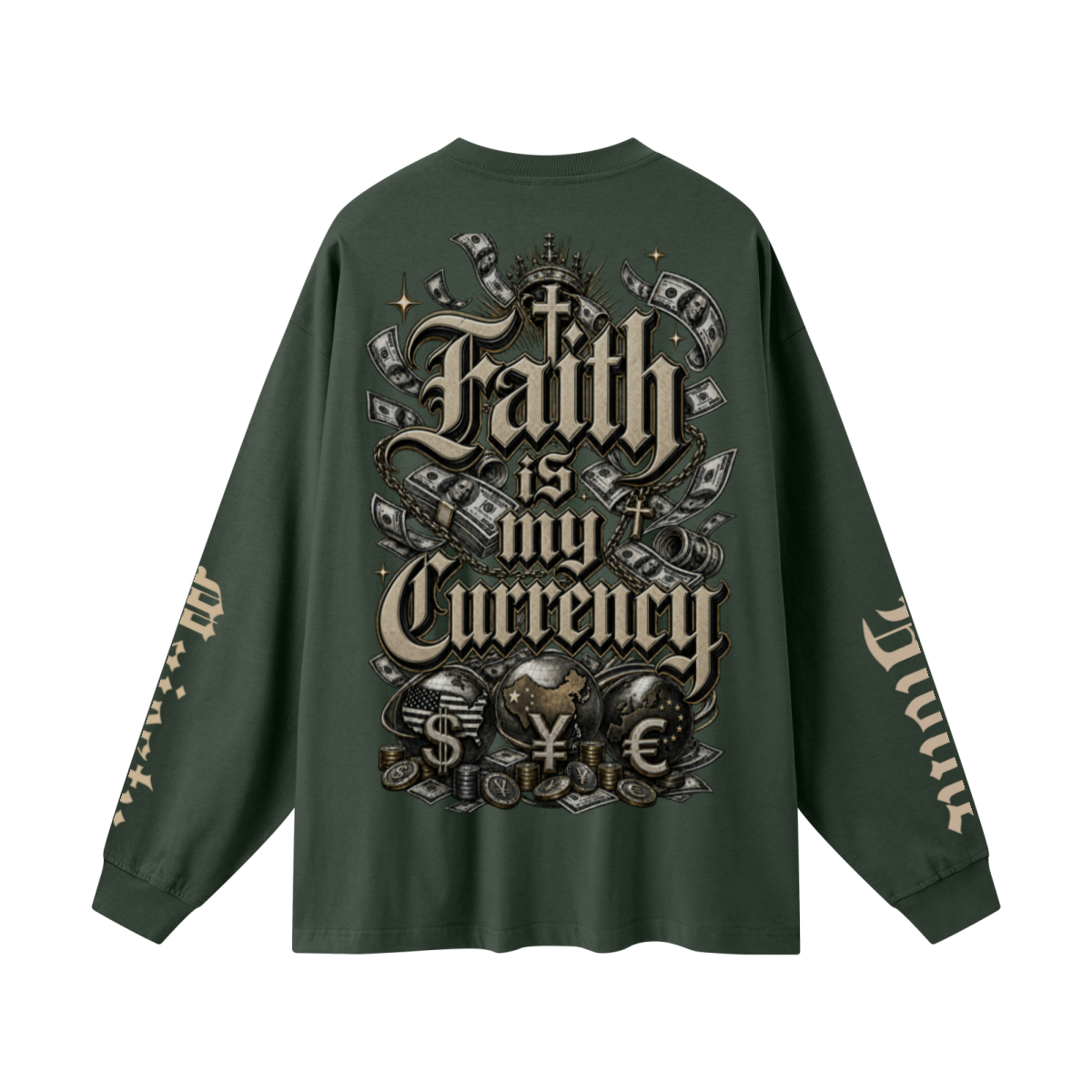 305GSM Unisex Premium Heavyweight Double-Yarn Plain Fabric Earth-Tone Basic Layering Long sleeve Dark Green