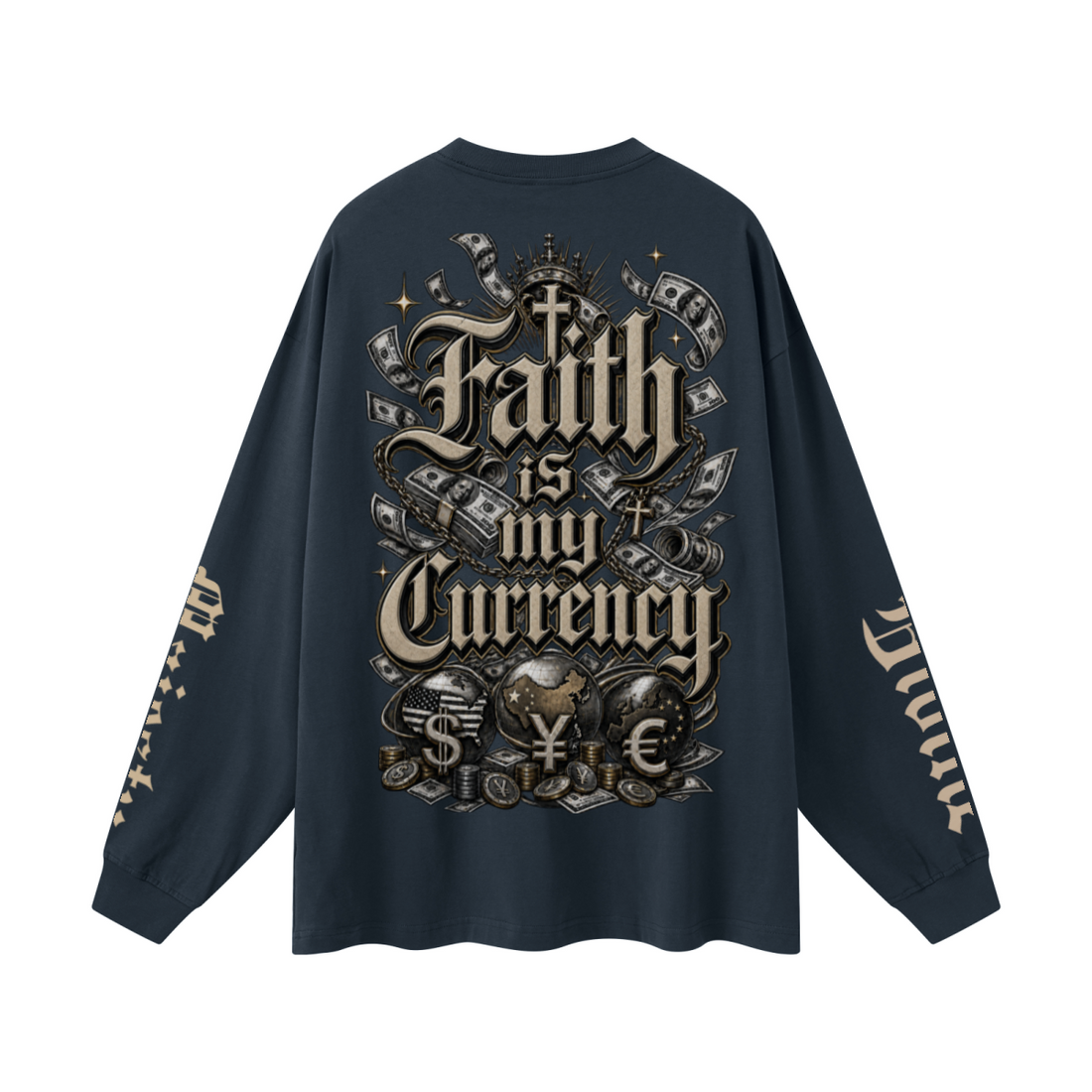 305GSM Unisex Premium Heavyweight Double-Yarn Plain Fabric Earth-Tone Basic Layering Long sleeve Navy Blue