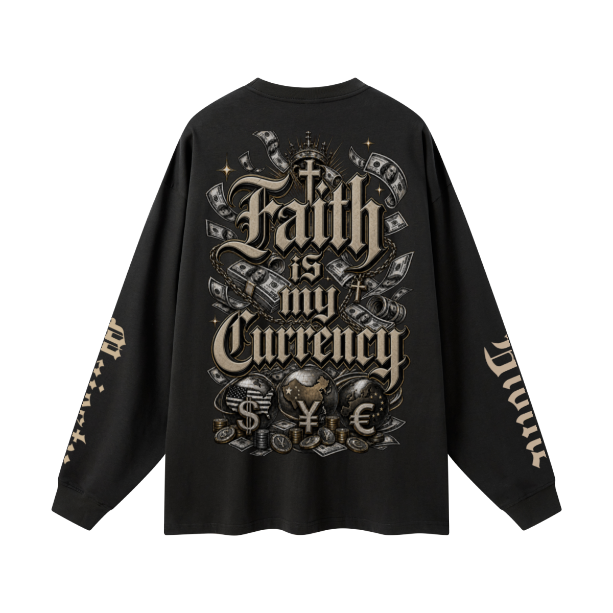305GSM Unisex Premium Heavyweight Double-Yarn Plain Fabric Earth-Tone Basic Layering Long sleeve Black