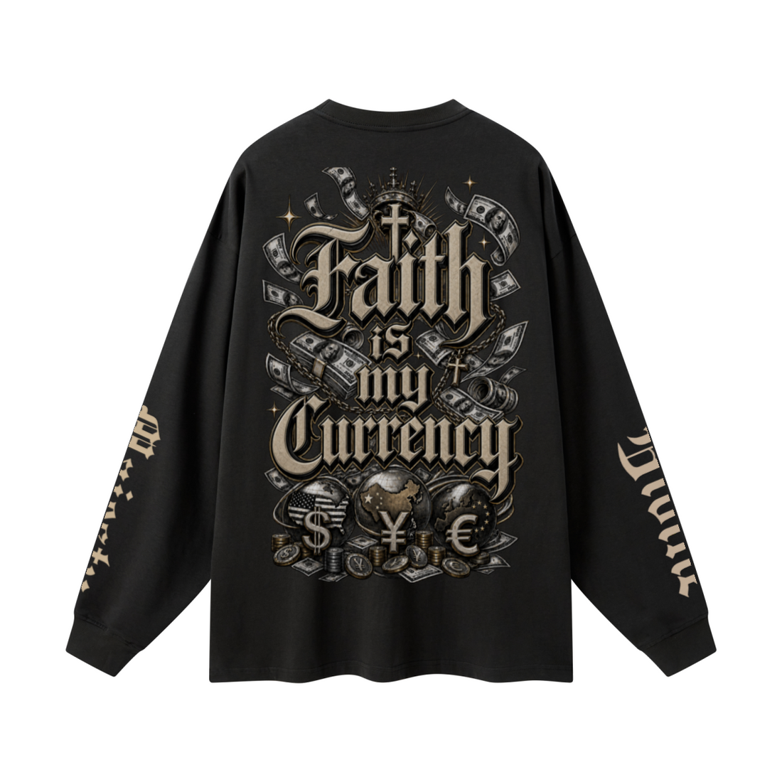 305GSM Unisex Premium Heavyweight Double-Yarn Plain Fabric Earth-Tone Basic Layering Long sleeve Black