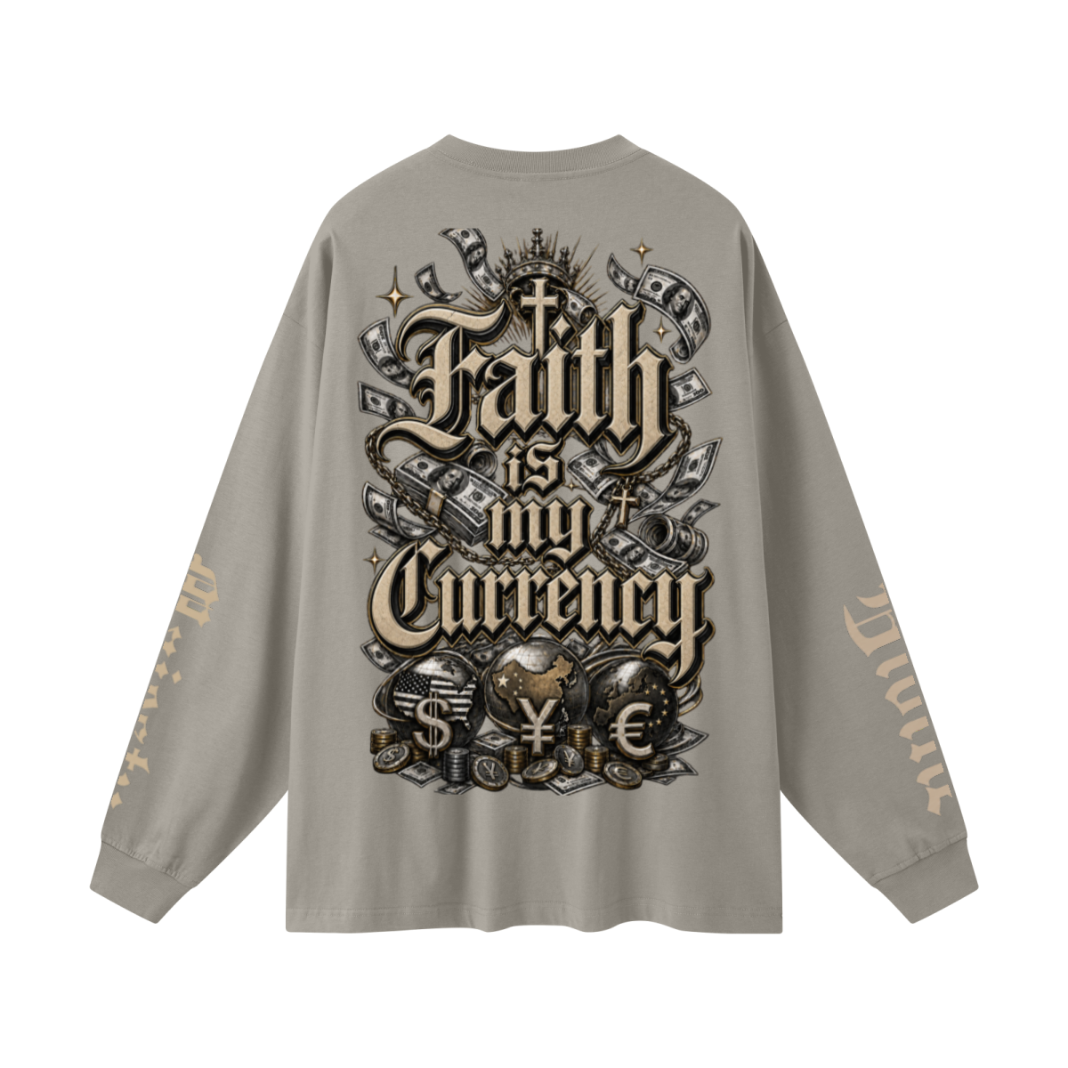 305GSM Unisex Premium Heavyweight Double-Yarn Plain Fabric Earth-Tone Basic Layering Long sleeve Grey Camel