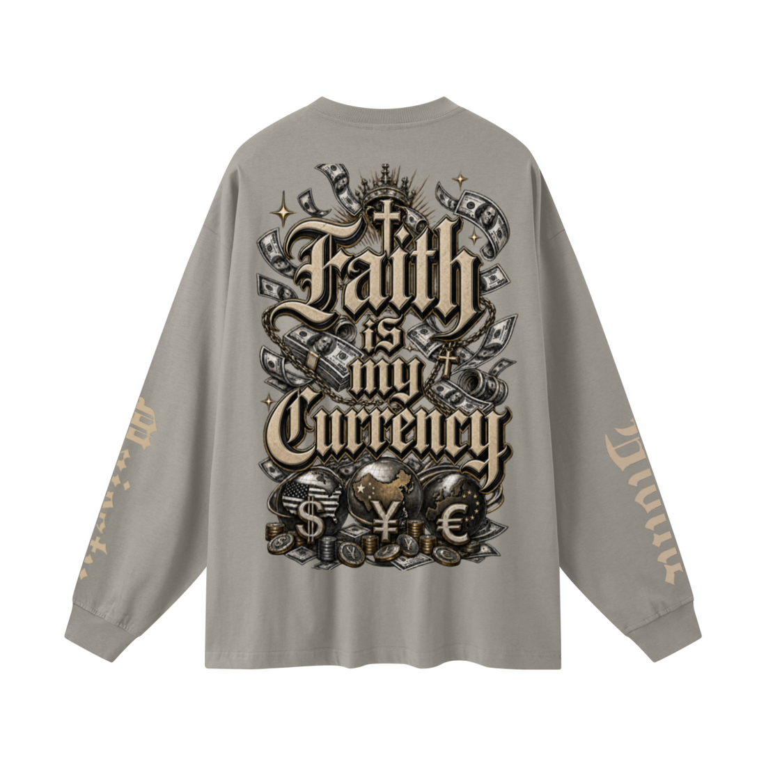 305GSM Unisex Premium Heavyweight Double-Yarn Plain Fabric Earth-Tone Basic Layering Long sleeve Grey Camel