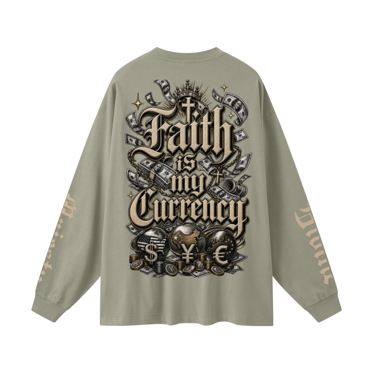 305GSM Unisex Premium Heavyweight Double-Yarn Plain Fabric Earth-Tone Basic Layering Long sleeve Grey Green