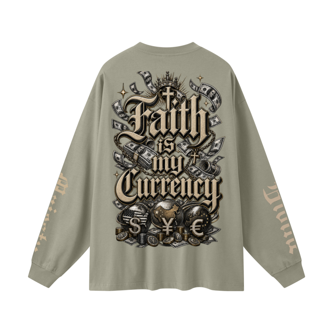 305GSM Unisex Premium Heavyweight Double-Yarn Plain Fabric Earth-Tone Basic Layering Long sleeve Grey Green