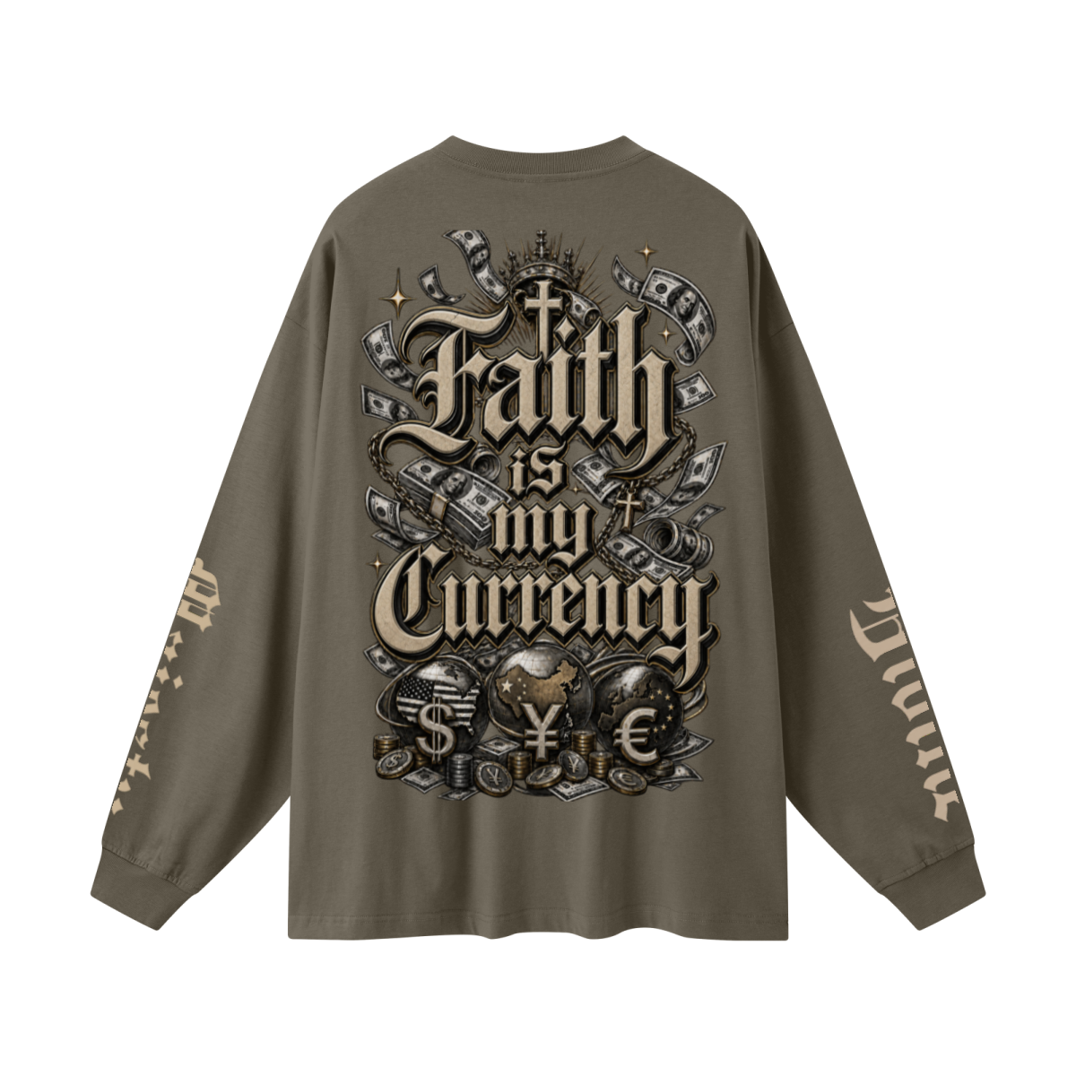 305GSM Unisex Premium Heavyweight Double-Yarn Plain Fabric Earth-Tone Basic Layering Long sleeve Brown