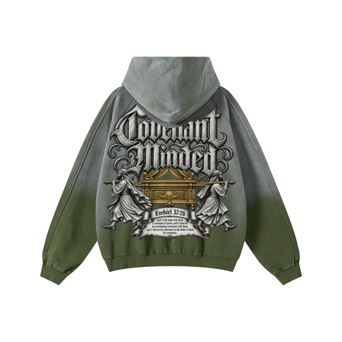 370GSM Unisex Monkey Wash Raw-Edge PP-Sprayed French Terry Hoodie Vintage Military Green