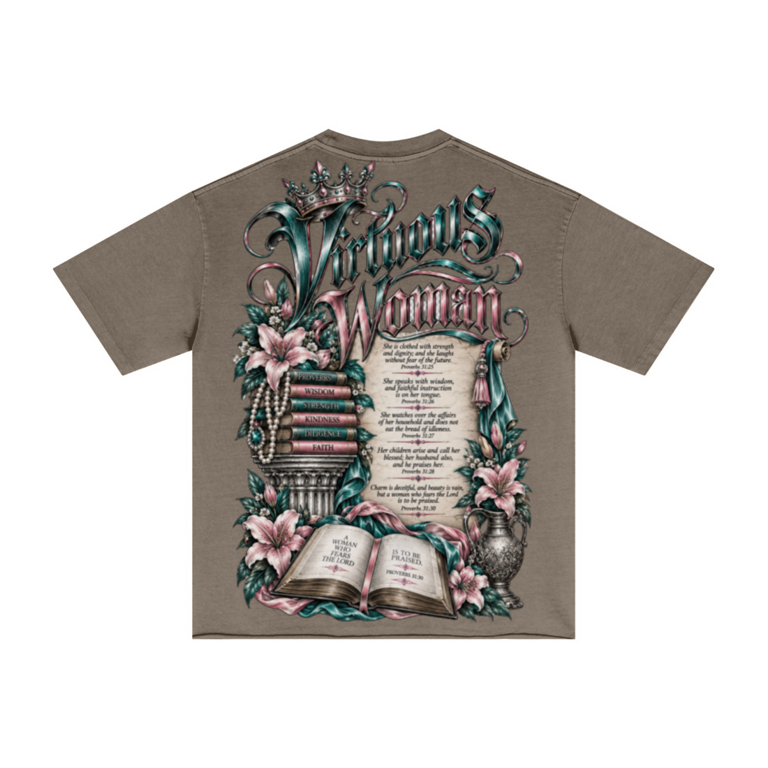 275GSM Women's Double-Yarn Raw-Edge Pigment-Wash T-Shirt Brown