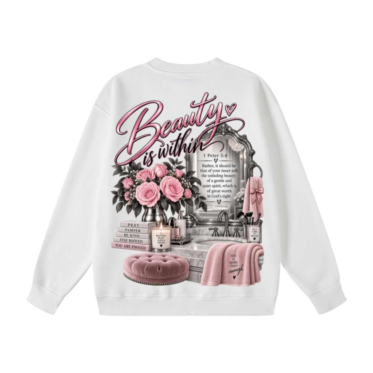 345GSM Women's Fleece-Lined Solid-Color Crewneck Sweatshirt White