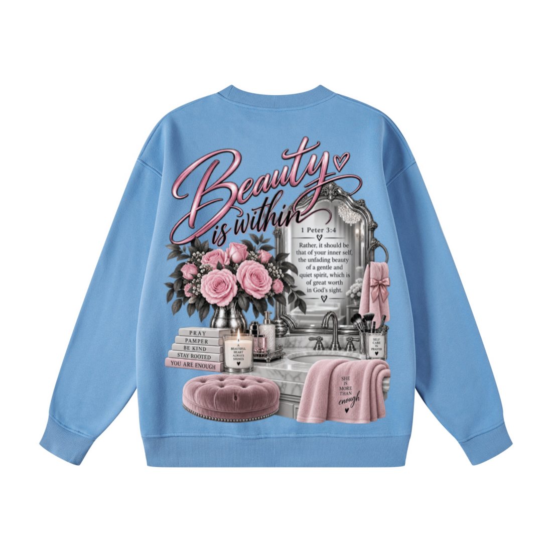 345GSM Women's Fleece-Lined Solid-Color Crewneck Sweatshirt Blue