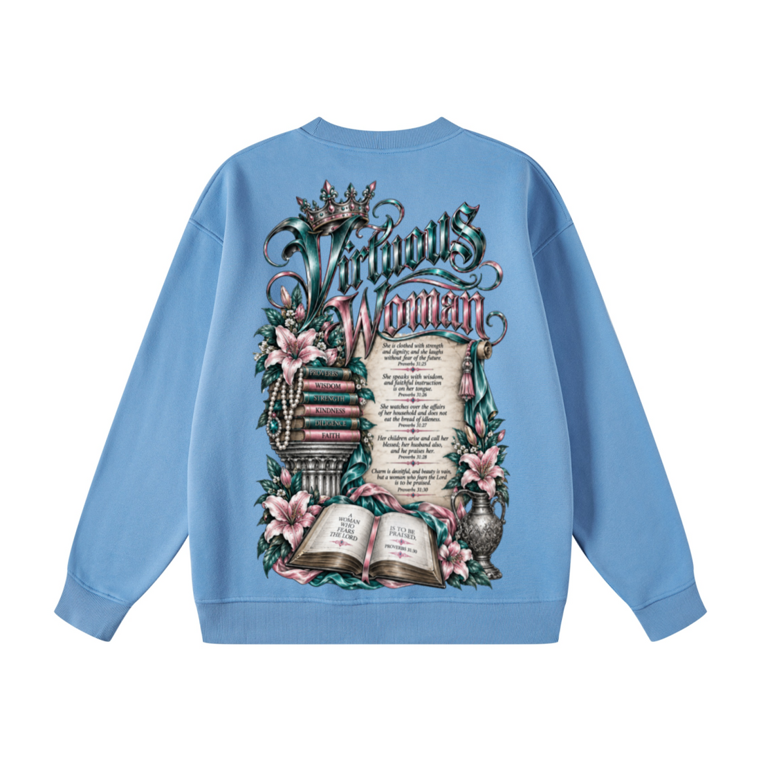345GSM Women's Fleece-Lined Solid-Color Crewneck Sweatshirt Blue