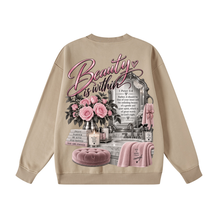 345GSM Women's Fleece-Lined Solid-Color Crewneck Sweatshirt khaki