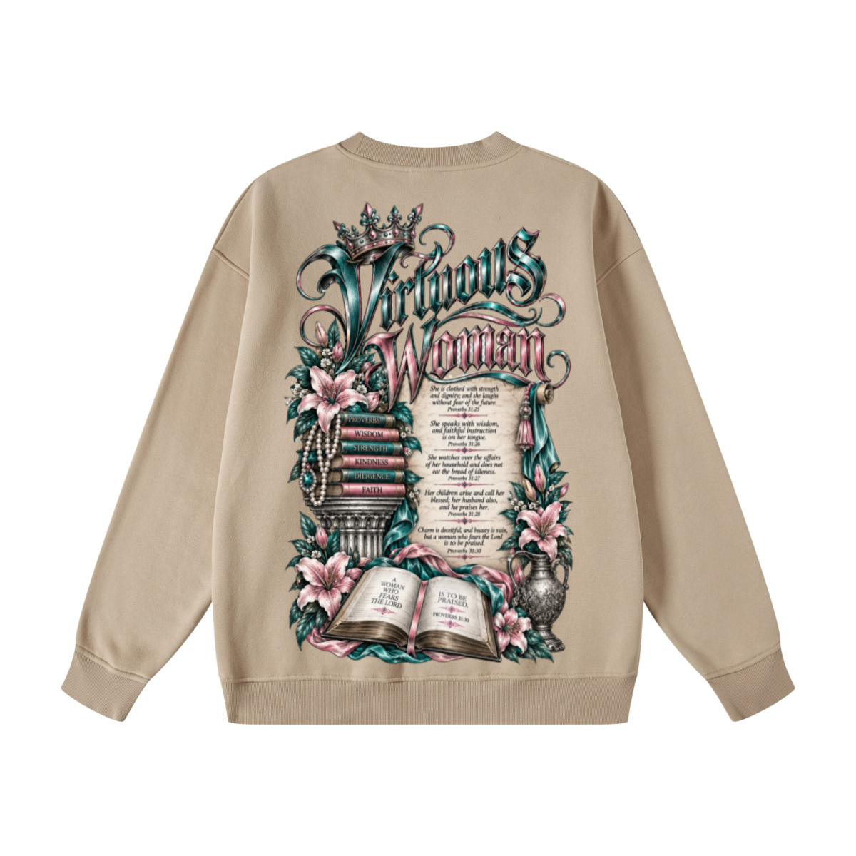 345GSM Women's Fleece-Lined Solid-Color Crewneck Sweatshirt khaki