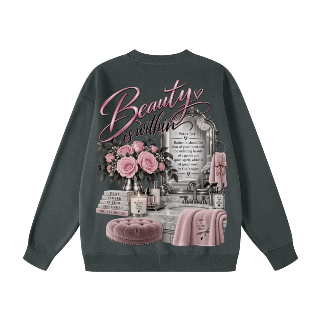 345GSM Women's Fleece-Lined Solid-Color Crewneck Sweatshirt Dark Gray