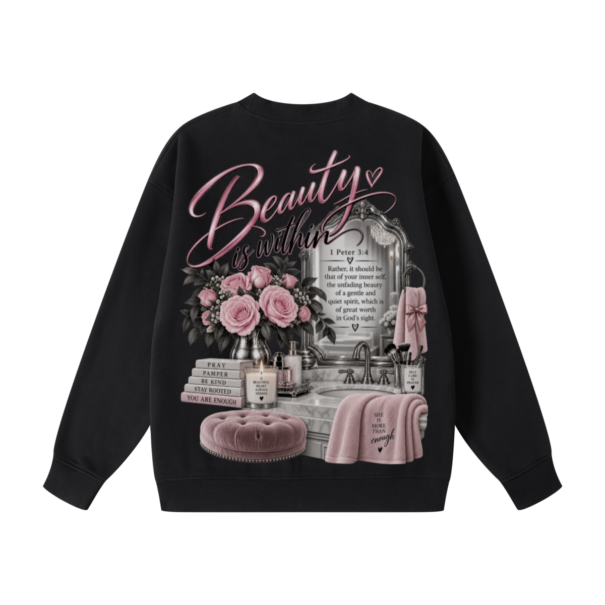 345GSM Women's Fleece-Lined Solid-Color Crewneck Sweatshirt Black