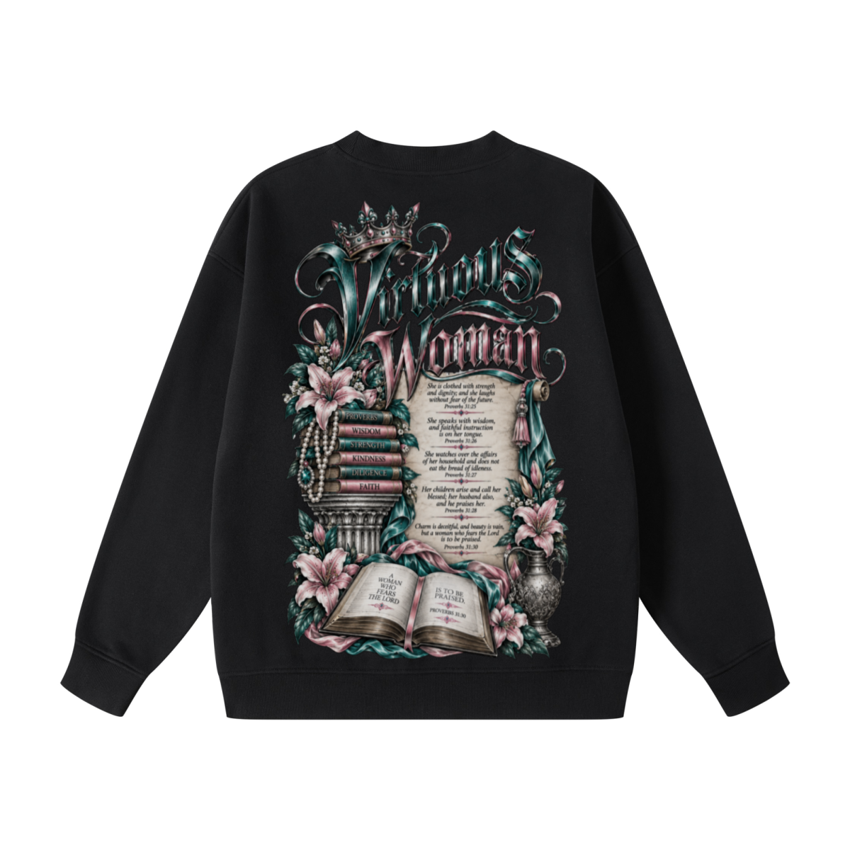 345GSM Women's Fleece-Lined Solid-Color Crewneck Sweatshirt Black